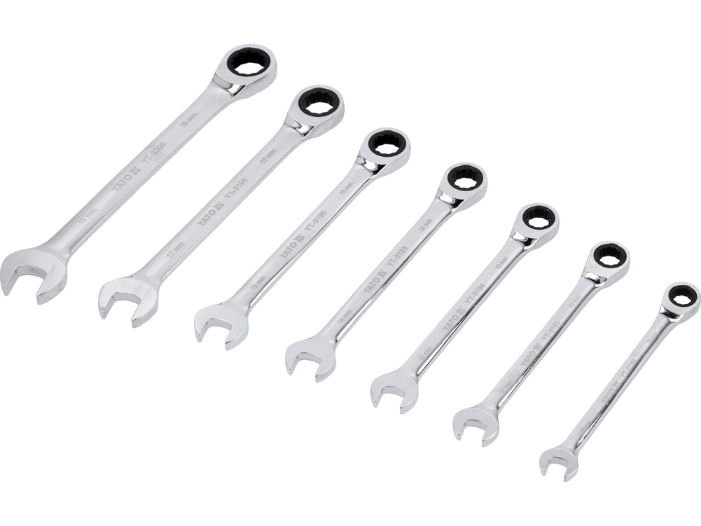 Klucze płasko-oczkowe z grzechotką 10-19 mm, zestaw 7 szt. – YATO YT-0208
