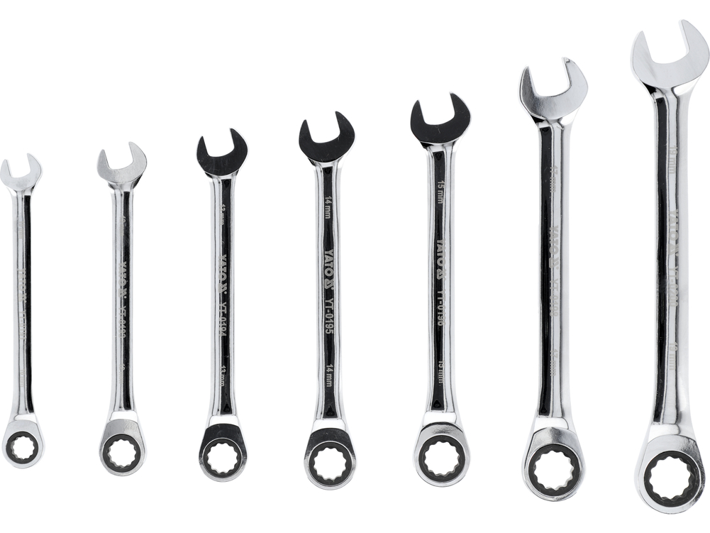Klucze płasko-oczkowe z grzechotką 10-19 mm, zestaw 7 szt. – YATO YT-0208