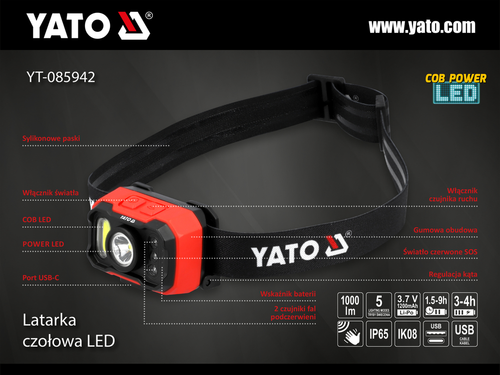 Latarka czołowa 1000lm aku, czujnik ruch – YATO YT-085942