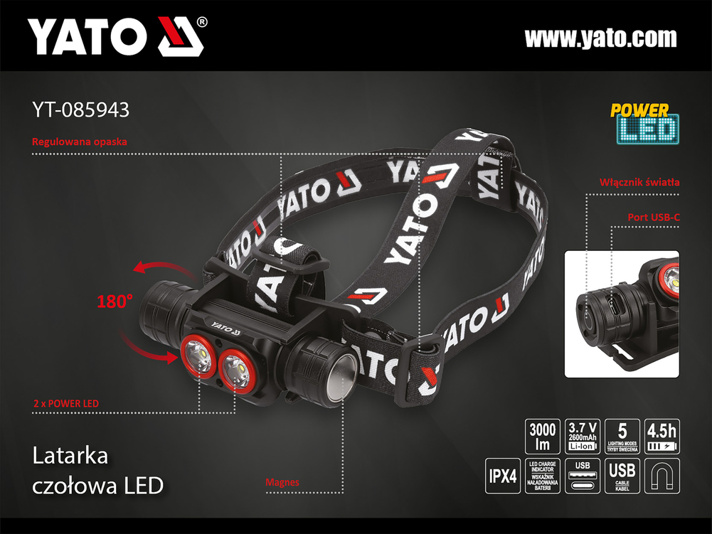 Latarka czołowa 3000lm, aku – YATO YT-085943