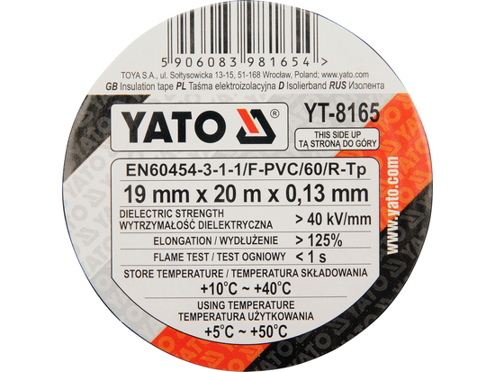 Taśma elektroizolacyjna 19mmx20mx0,13 mm, czarna – YATO YT-8165